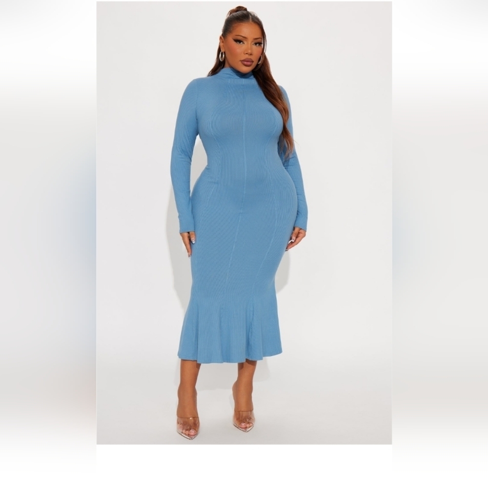 Fashion Nova Grace Long Sleeve Ribbed Midi Dress - Blue Size 1X(14/16) (EUC)